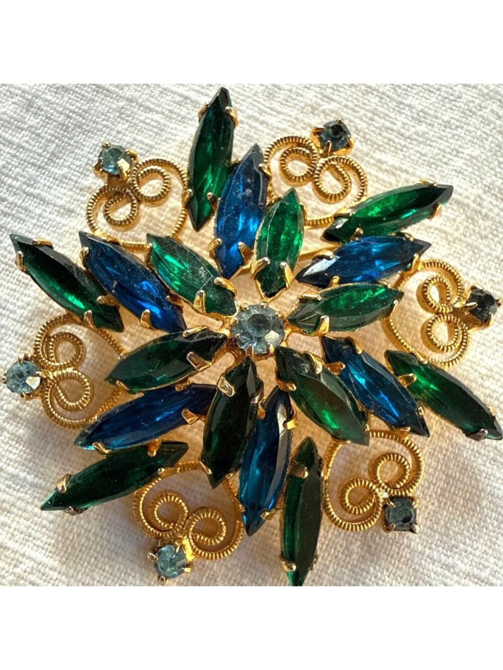 Vintage 1960s Rhinestone Brooch Blue Emerald Green Pin Juliana Judy Lee Style